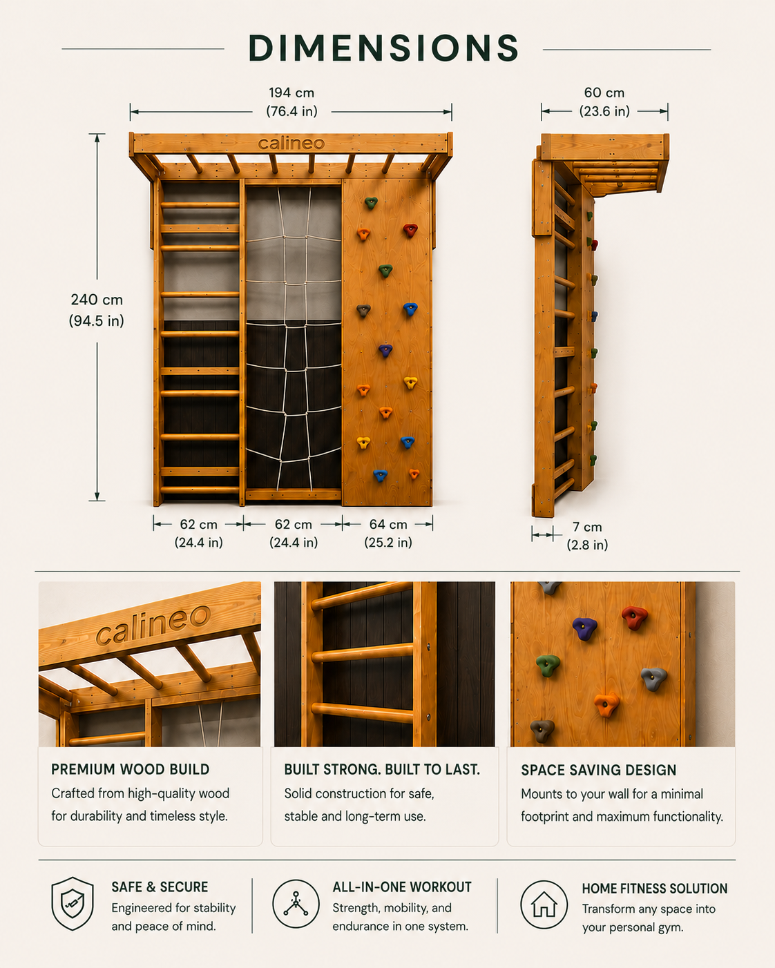 Calineo Jungle Gym dimensions — 194cm wide, 240cm tall, 60cm deep wall-mounted system