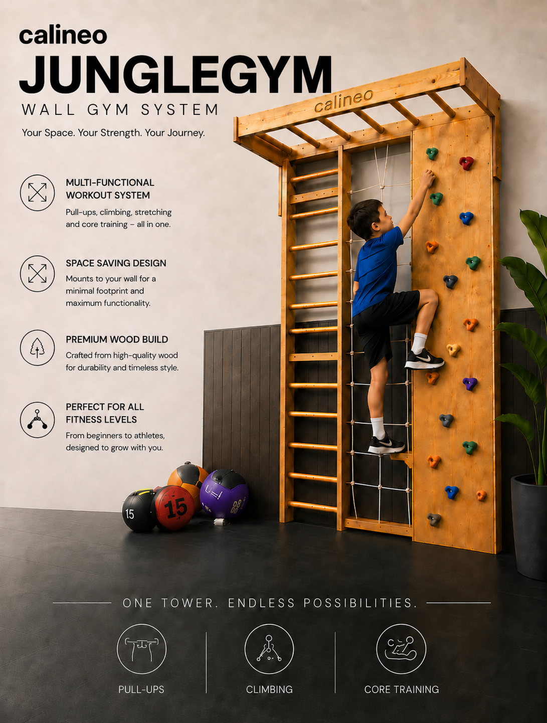 Calineo Jungle Gym in use — multifunctional 4-in-1 workout system for all fitness levels